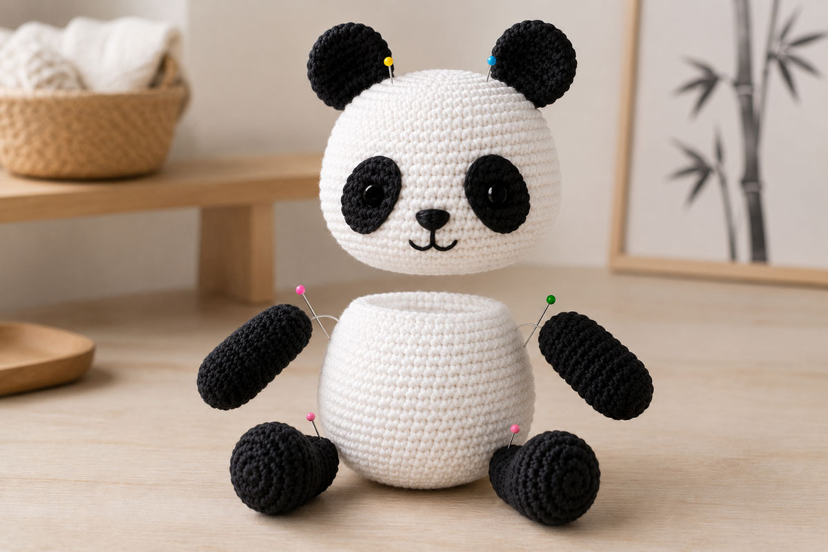 Black and white crochet panda during final assembly with round upright ears embroidered face short black arms and rounded black legs positioned around the white stuffed body