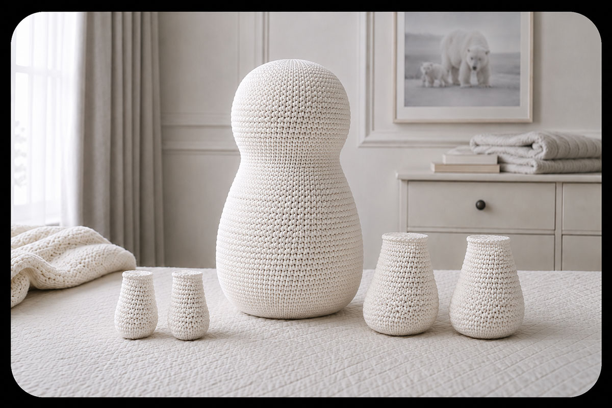 Two short white crochet polar bear arms and two rounded stuffed legs arranged beside the completed white crochet body before attachment