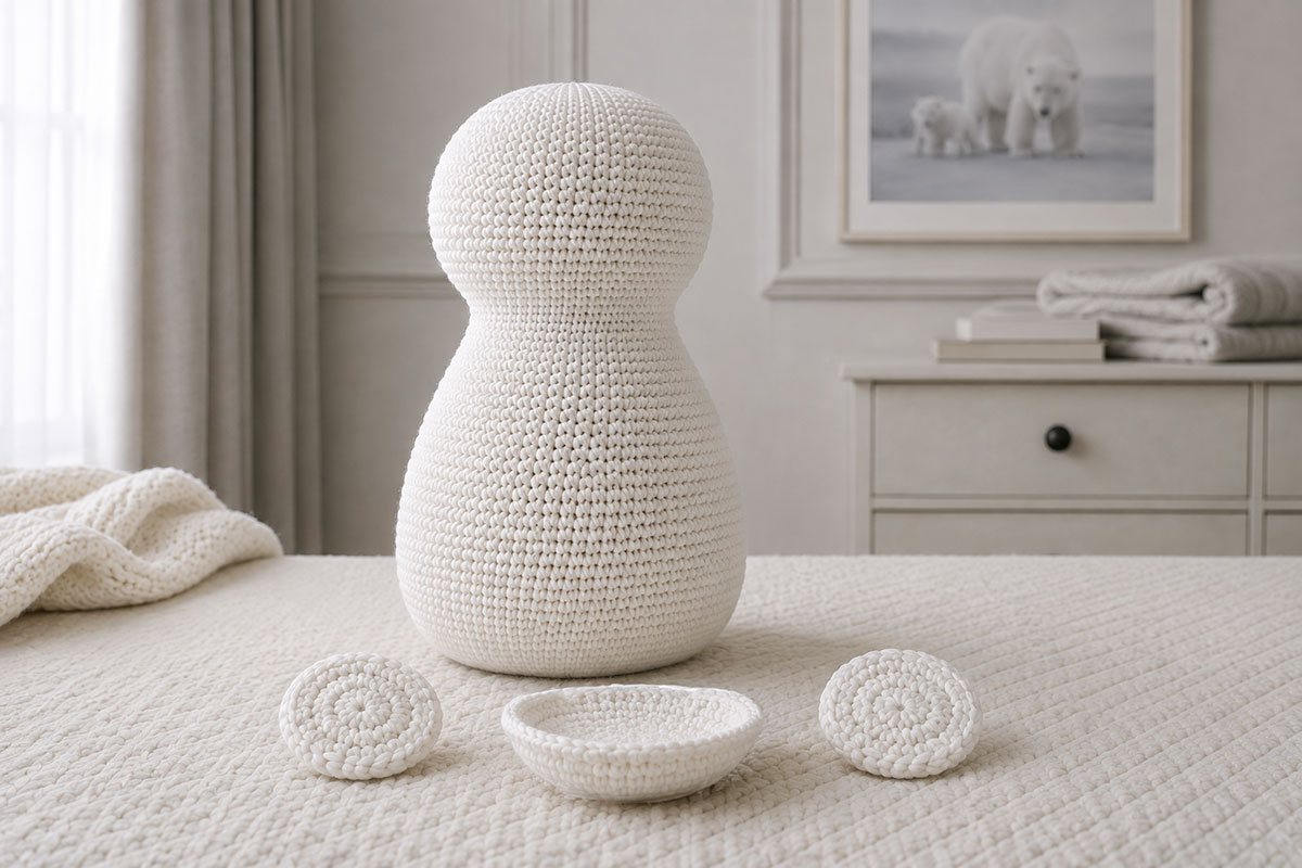 Two small flat round white crochet polar bear ears and one shallow round white crochet muzzle arranged beside the completed stuffed head before attachment