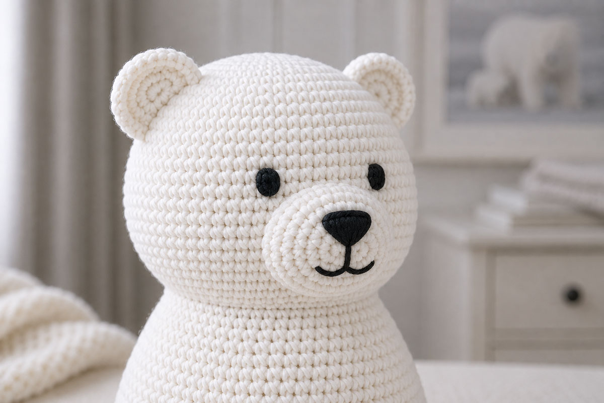 Close three-quarter view of a white crochet polar bear with small black satin stitch eyes and a compact embroidered nose and mouth on the white muzzle
