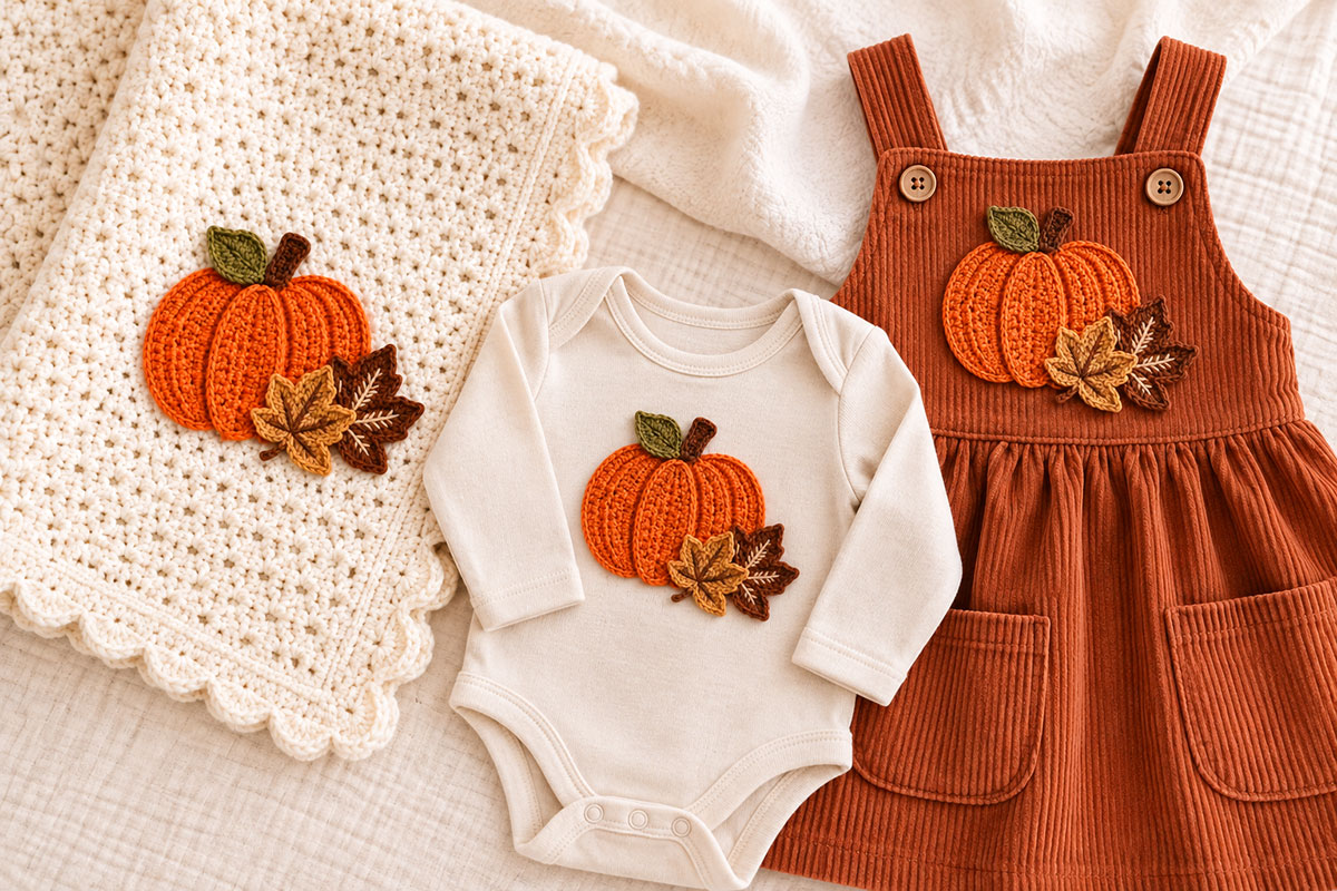 Crochet pumpkin applique with an olive top leaf and two autumn leaves shown on a cream baby blanket, cream baby onesie and rust jumper