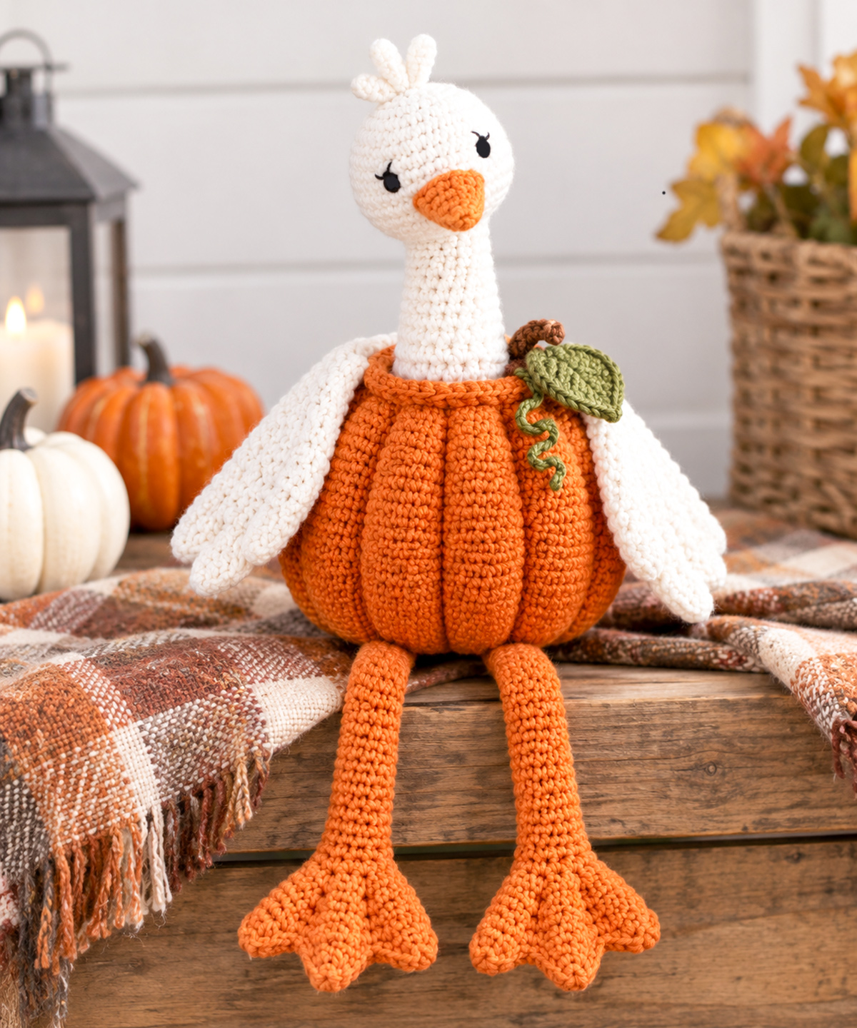 Crochet pumpkin goose snuggler lovey with white goose head ribbed orange pumpkin body long floppy legs and webbed feet