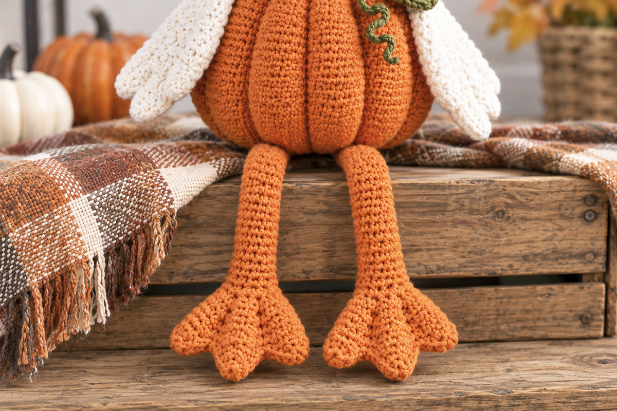 Finished crochet pumpkin goose showing extra long orange legs and broad three toe webbed crochet feet