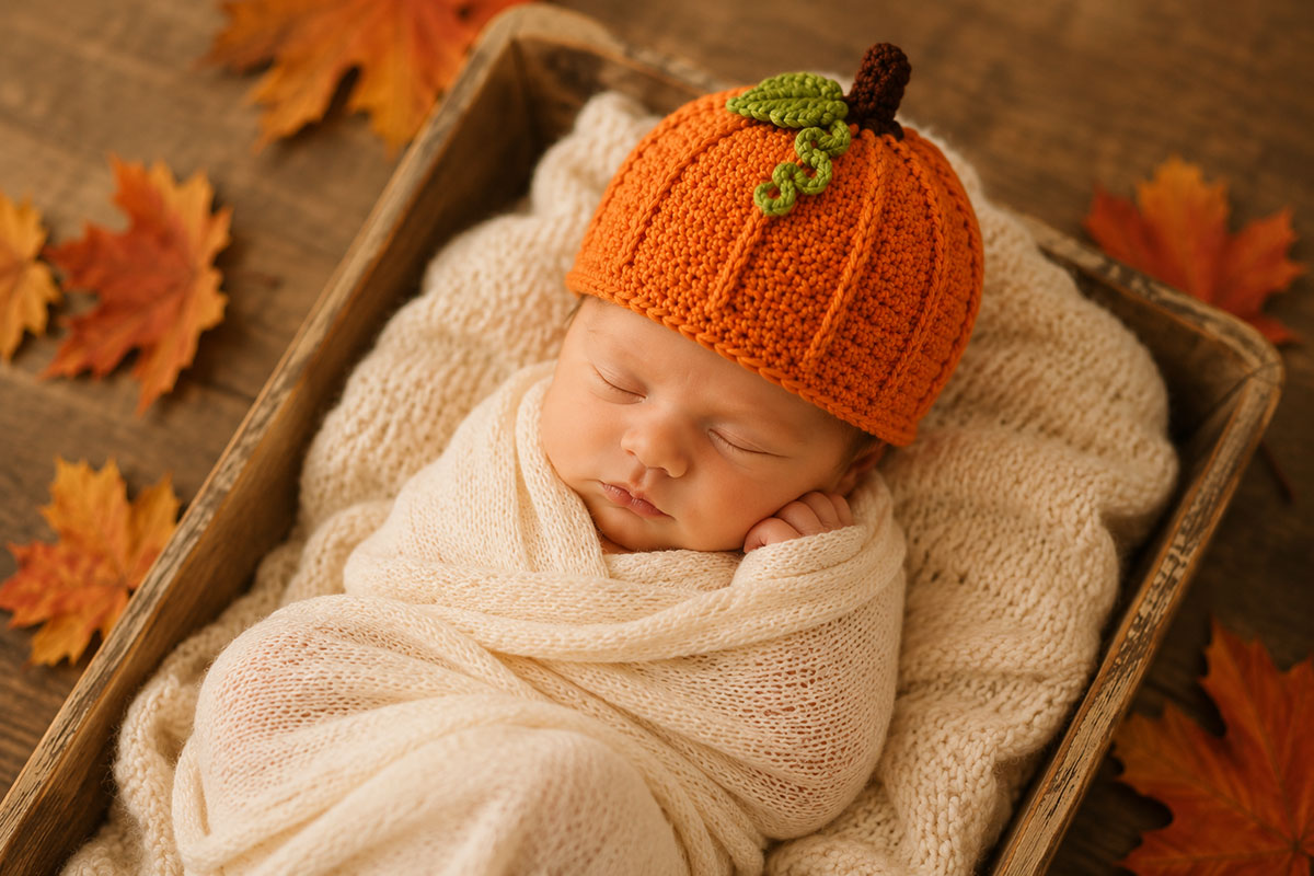 Finished orange crochet pumpkin baby hat with six raised ribs, short brown stem, green leaf and curly vine