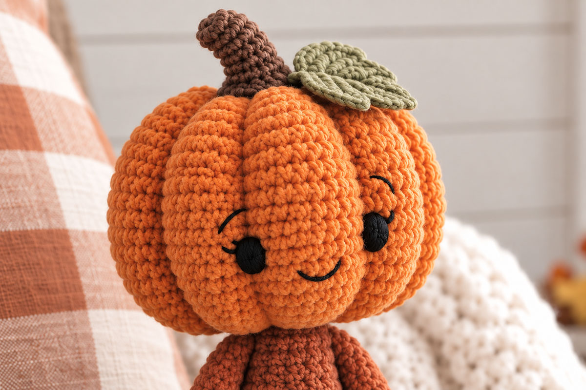 Crochet pumpkin snuggler head showing six sculpted pumpkin ribs embroidered face brown stem and olive green leaf