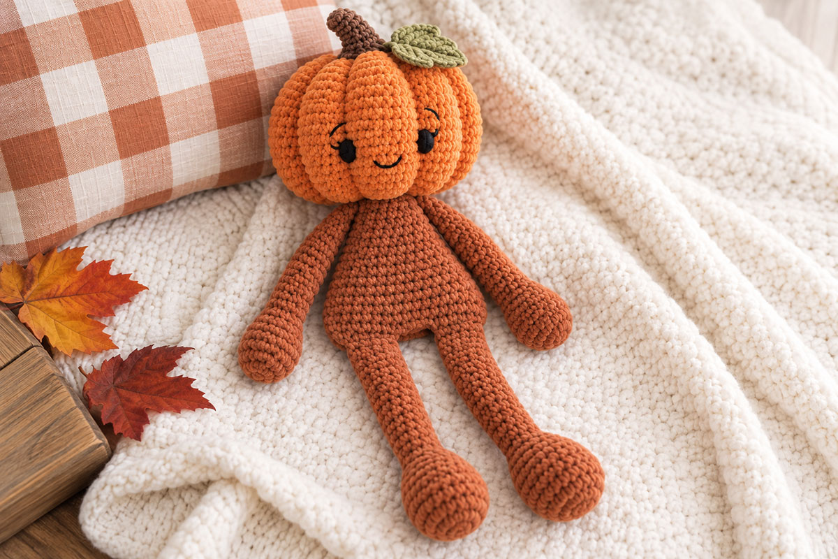 Finished crochet pumpkin snuggler lovey lying flat with a wide unstuffed body long floppy arms and legs and rounded feet