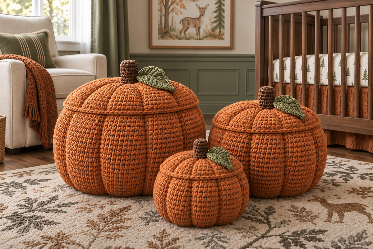 Three sizes of crochet pumpkin storage baskets for fall nursery organization