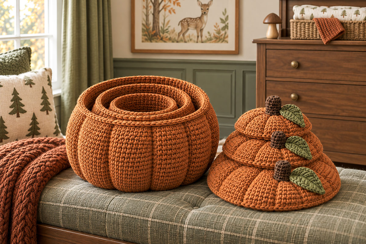 Three crochet pumpkin storage baskets nested together with their removable lids stacked beside them