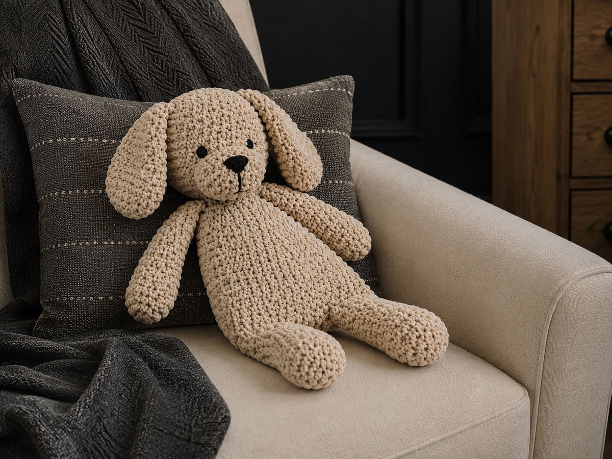 Finished crochet puppy snuggler with broad floppy ears, embroidered satin-stitch eyes and nose, soft unstuffed body, long arms and fuller dangling legs