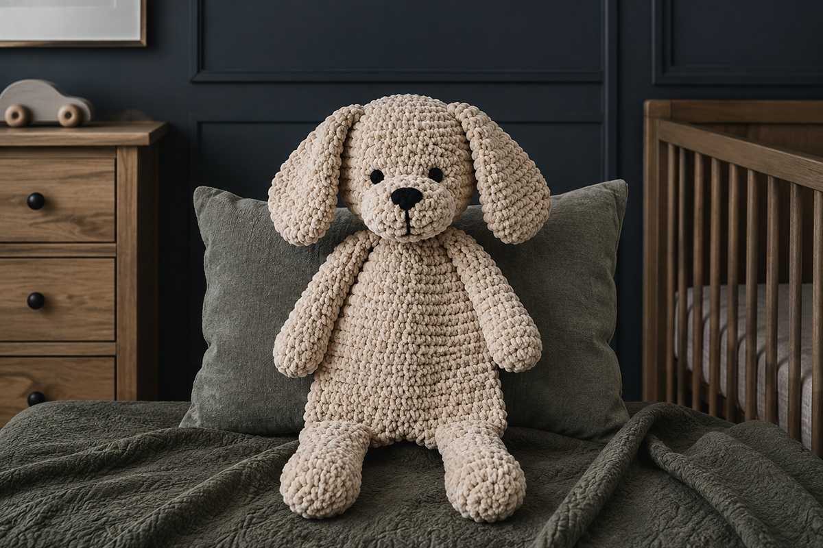 Free crochet puppy snuggler with floppy ears, embroidered face and soft unstuffed body