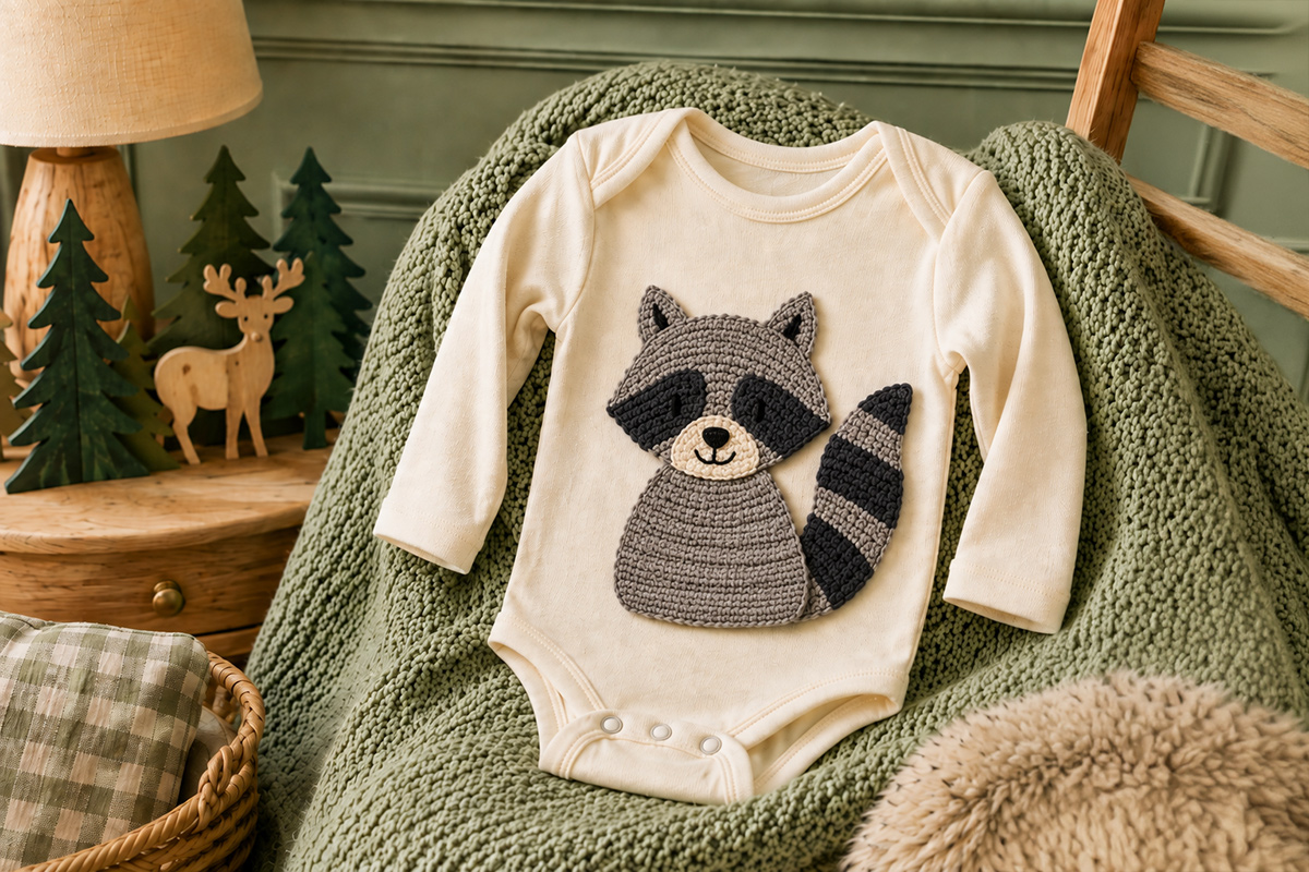 Gray crochet raccoon applique with dark eye mask cream muzzle and striped tail for woodland baby projects