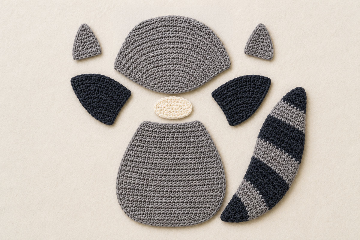 Flat crochet raccoon applique pieces before assembly with shaped gray head rounded body angled charcoal mask cream muzzle pointed ears and curved striped tail