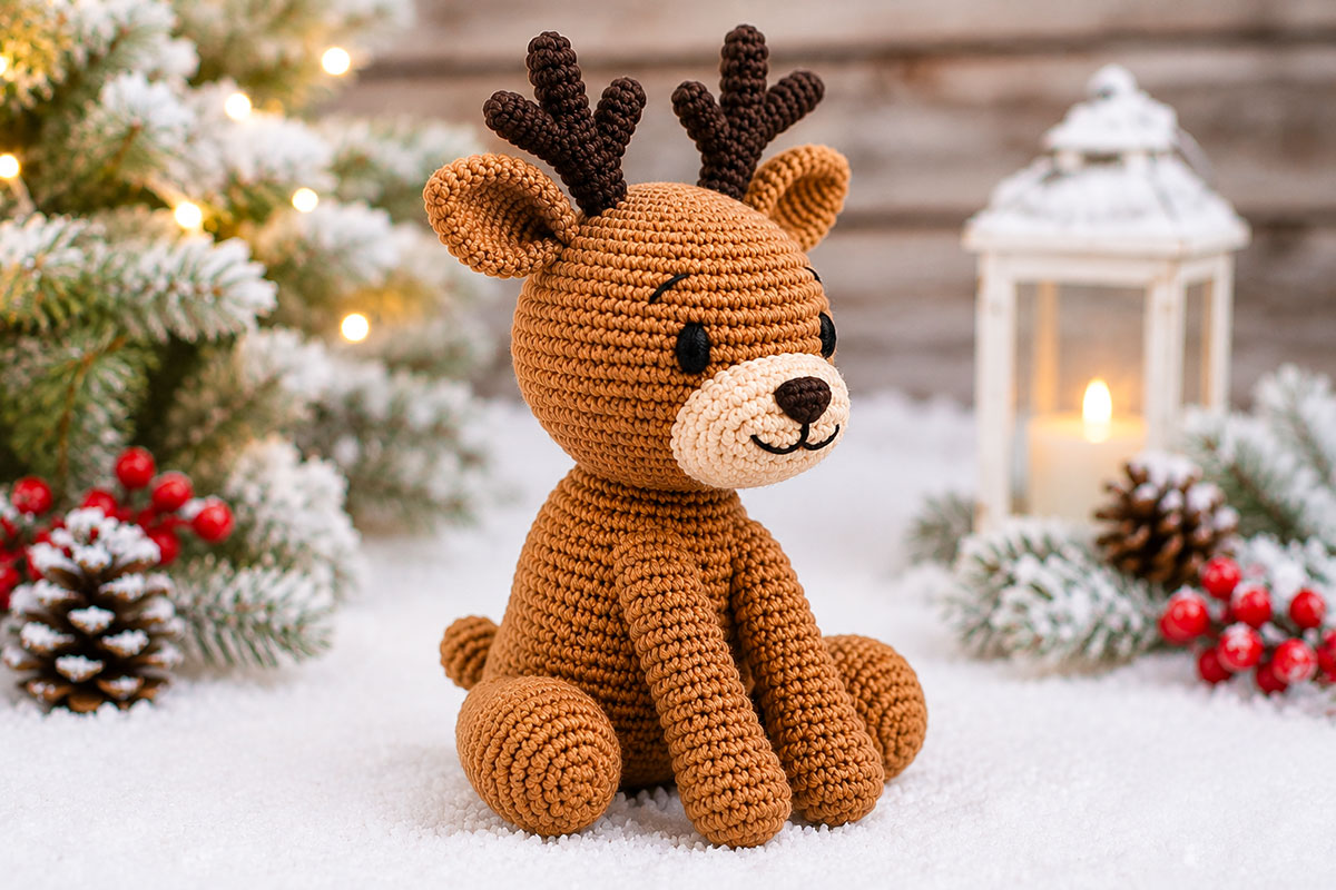 Finished brown crochet reindeer shown from a three-quarter side view with four legs, folded ears and soft crocheted antlers
