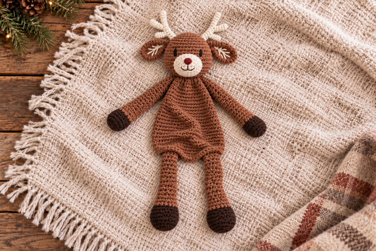 Finished crochet reindeer snuggler lovey lying flat with stuffed brown head cream antlers long floppy limbs and dark brown hooves