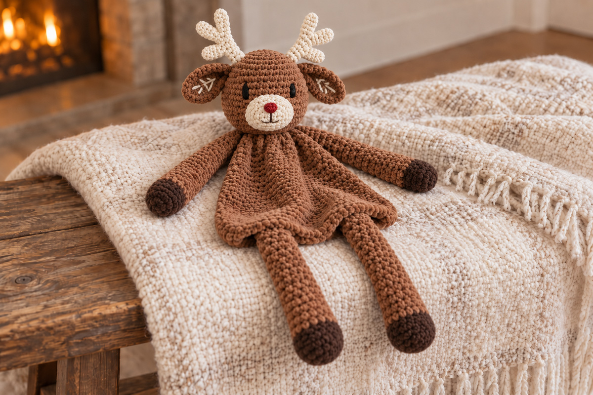 Crochet reindeer snuggler lovey with floppy brown body cream antlers and embroidered face
