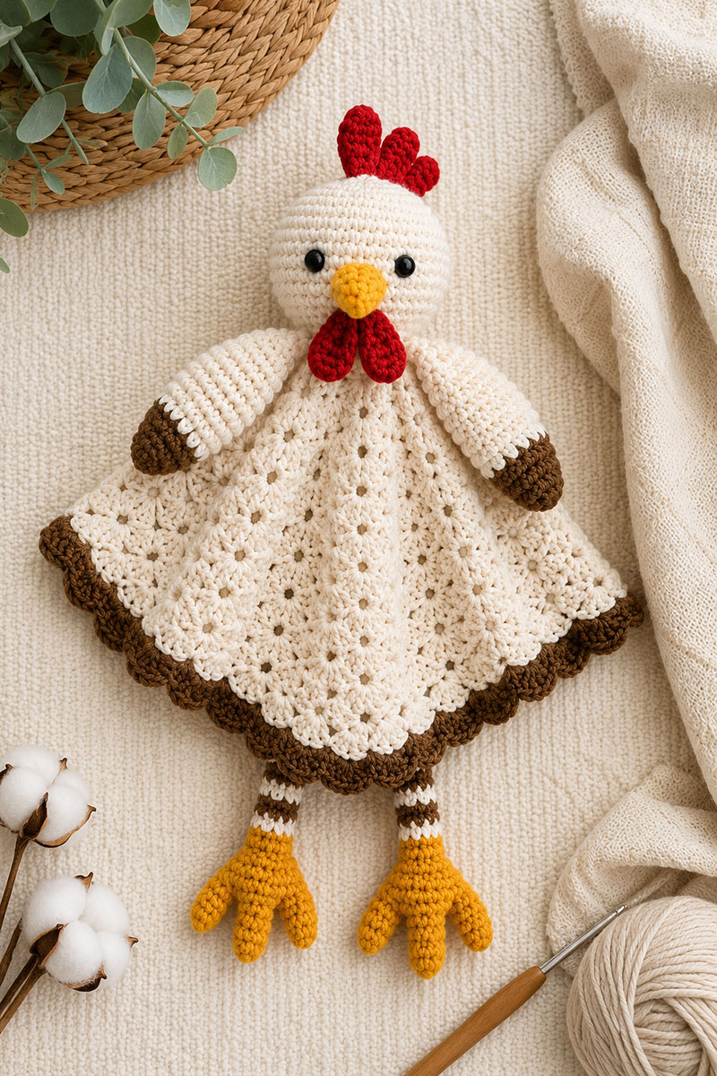 Crochet rooster baby lovey pattern with farm animal details for a handmade baby gift