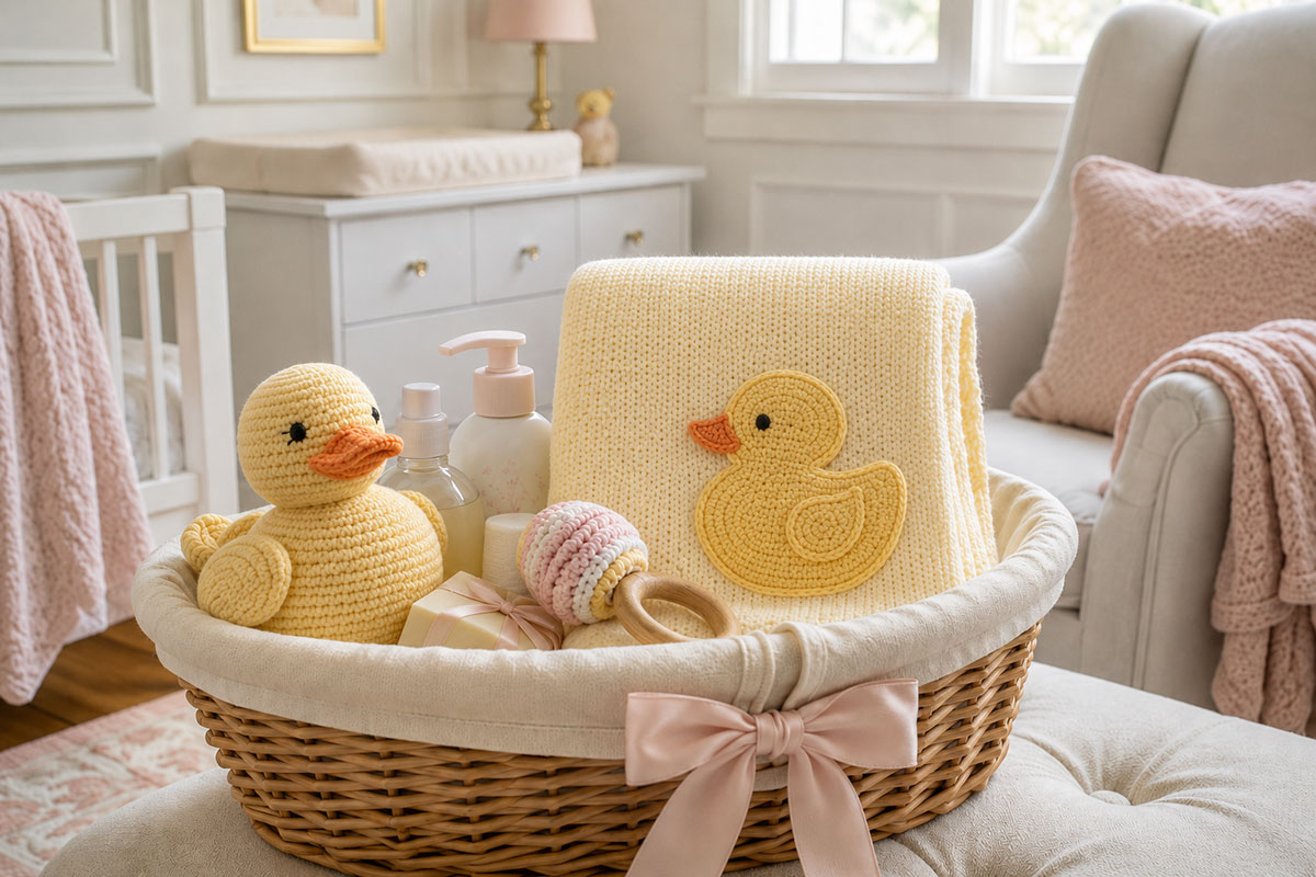 Yellow crochet rubber duck and folded duck baby blanket arranged together in a basket as a handmade baby shower gift set