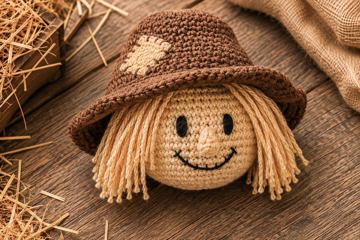 Crochet scarecrow face with embroidered eyes stitched smile cone nose straw-colored yarn hair and patched brown hat positioned for final assembly
