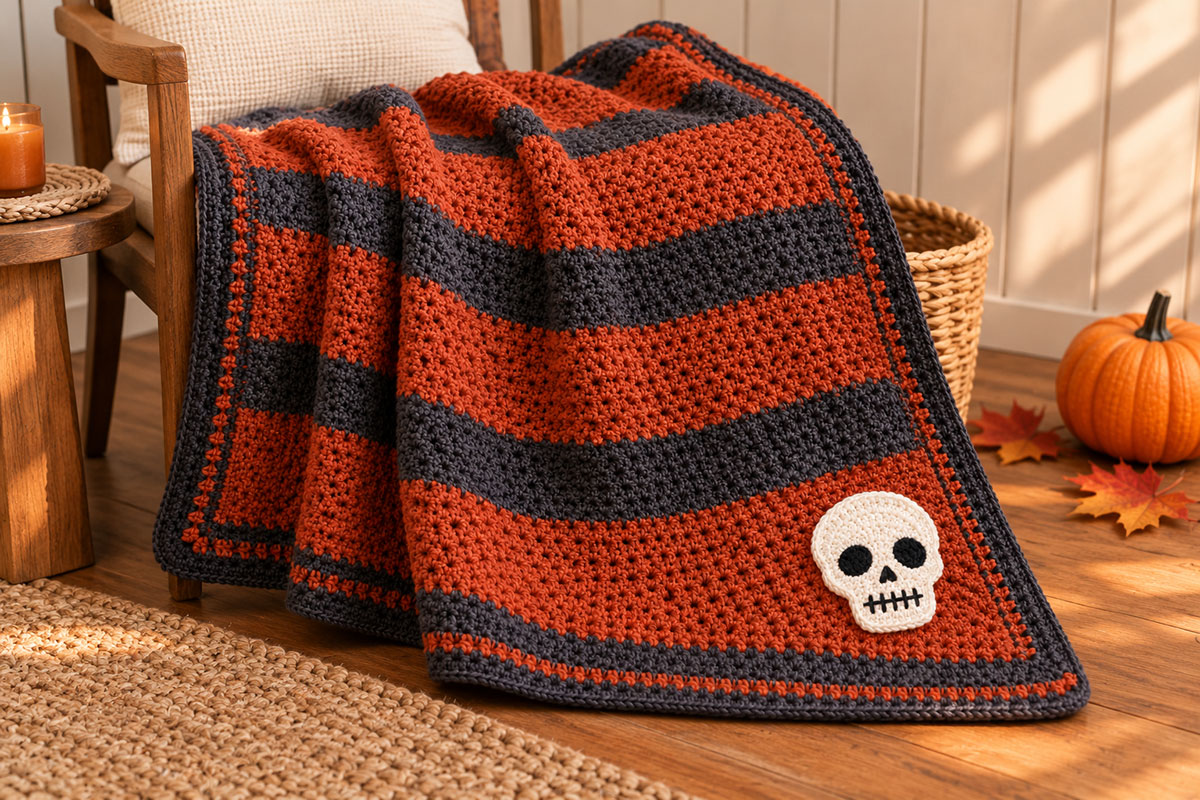 Ivory crochet skull applique with black embroidered face sewn to the corner of a rust and charcoal baby blanket