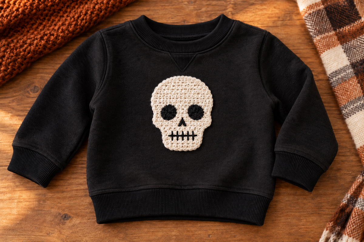 Free crochet skull applique pattern for Halloween baby clothes blankets and goth-inspired projects