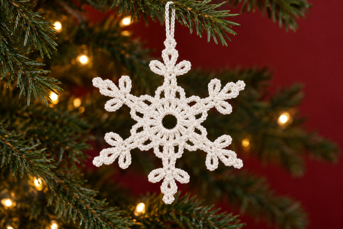 Ivory six-point crochet snowflake Christmas ornament design with an open circular center, three looped tips on each arm and a matching hanging loop