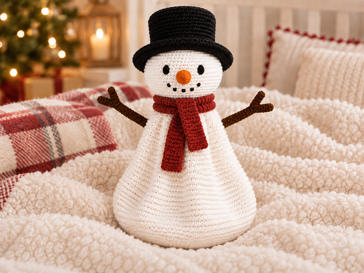 Large floppy crochet snowman lovey snuggler with black top hat, red scarf, carrot nose, brown twig arms and long white legless body