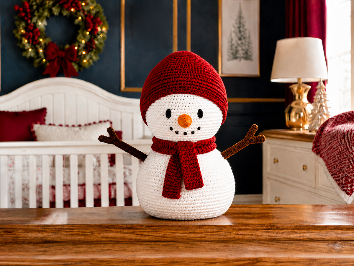 Finished white crochet snowman with winter hat scarf and embroidered face