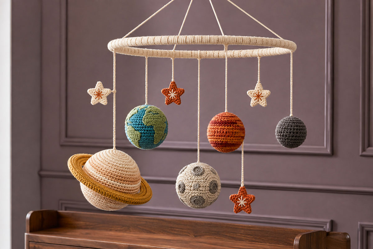 Handmade crochet solar system nursery mobile with Saturn, Earth, Mars, the moon and embroidered stars