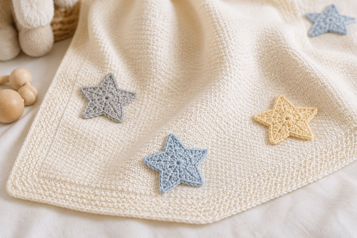 Cream baby blanket decorated with blue gray and soft yellow five point crochet star appliques