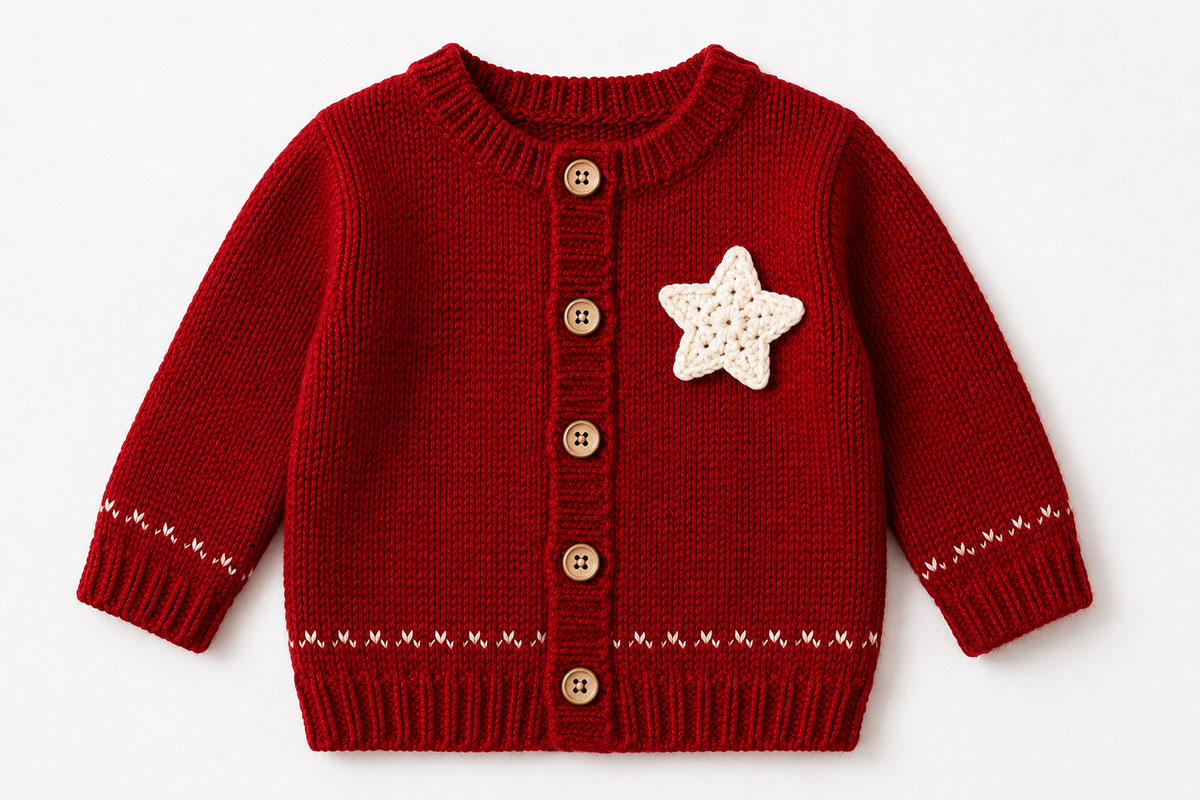 Small five point crochet star applique positioned on the upper front of a baby cardigan