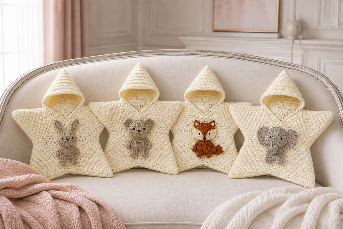 Cream crochet star baby blanket cocoons displayed on the back of a nursery sofa, each with a different flat animal applique on the front including bunny, bear and elephant examples