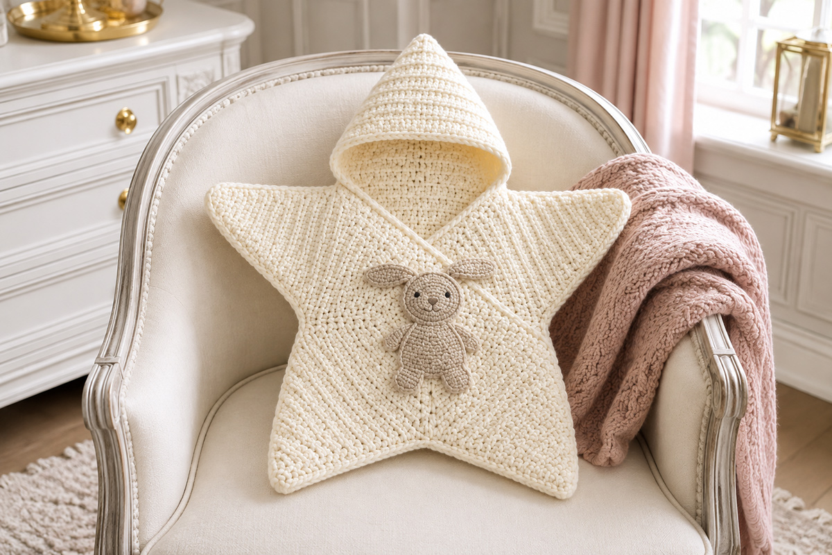 Cream five point crochet star baby cocoon with pointed hood, roomy arm and leg points and a flat crochet bunny applique