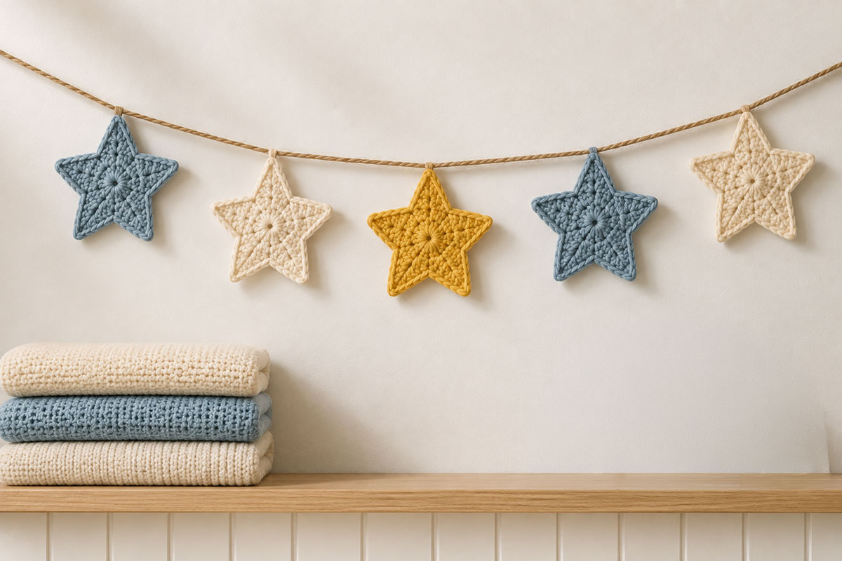Crochet star nursery garland with evenly spaced five point stars hanging securely on the wall above a nursery dresser