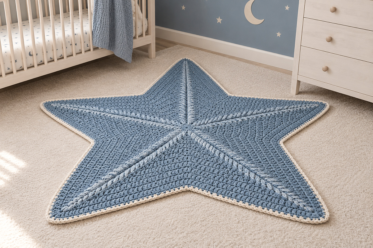 Large five point crochet star rug and baby play mat displayed in a moon and stars nursery