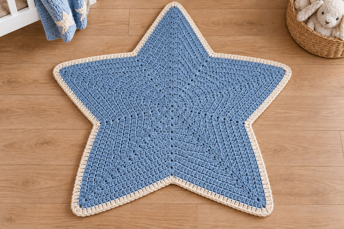 Top view of plain blue five point crochet star rug without the optional raised starburst rays