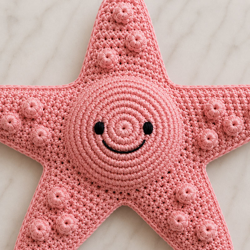 embroidered crochet starfish face with spiral center detail