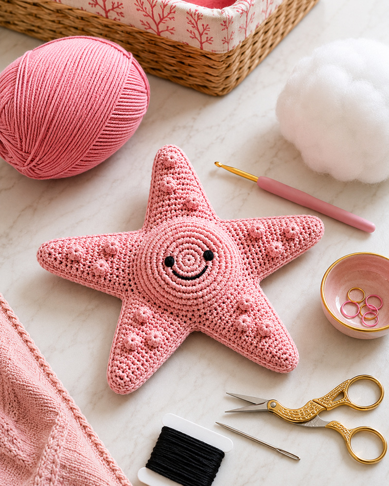 crochet starfish lovey pattern supplies with cotton yarn and crochet hook