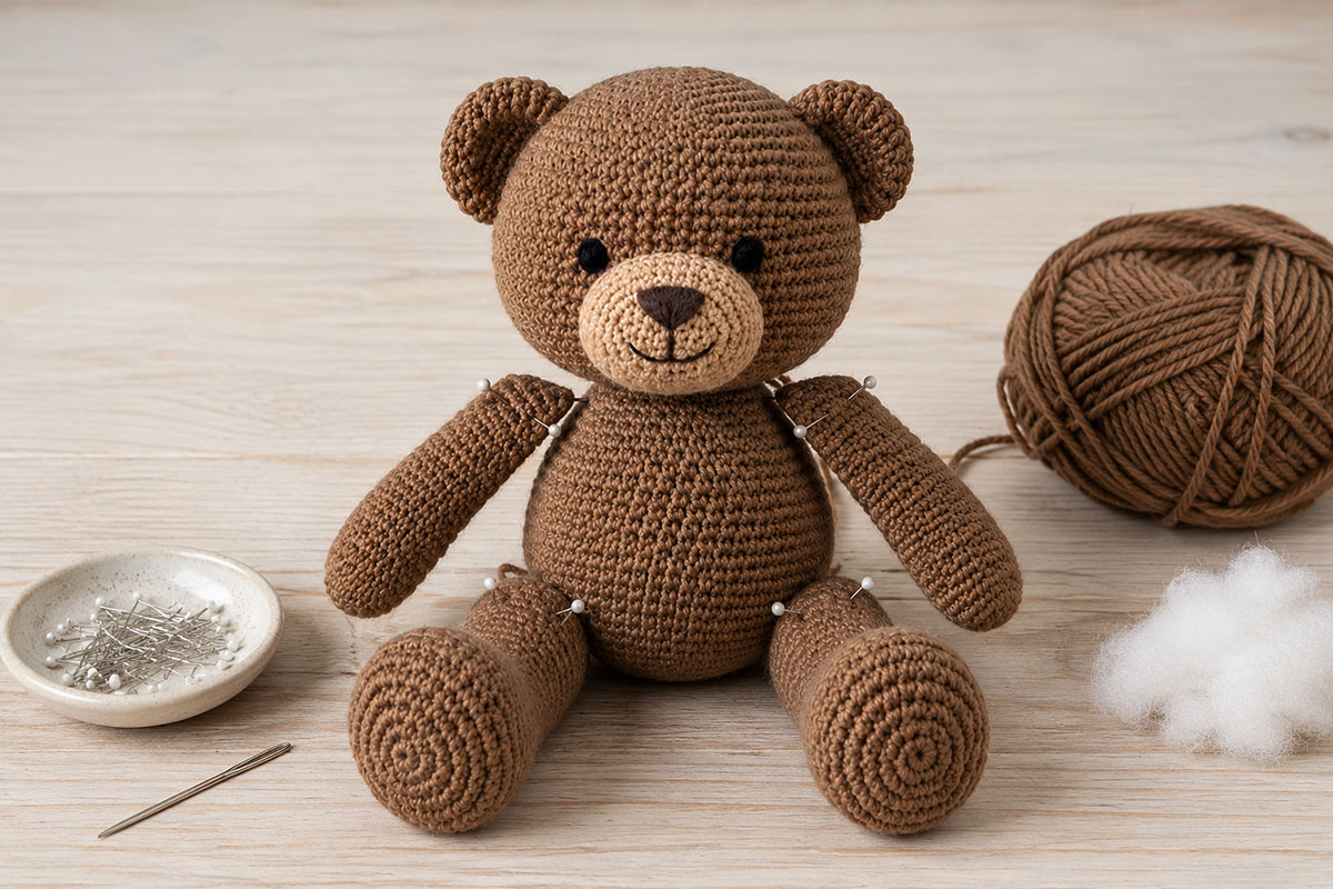 Two brown crochet teddy bear arms and two legs with larger rounded paws arranged before attachment to the body