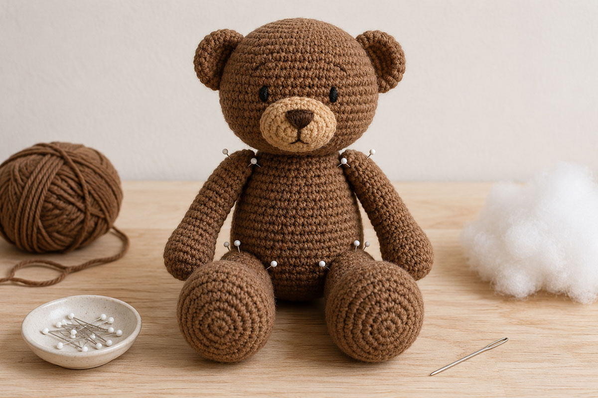 Brown crochet teddy bear with tan muzzle ears arms and large rounded legs pinned in position before final sewing