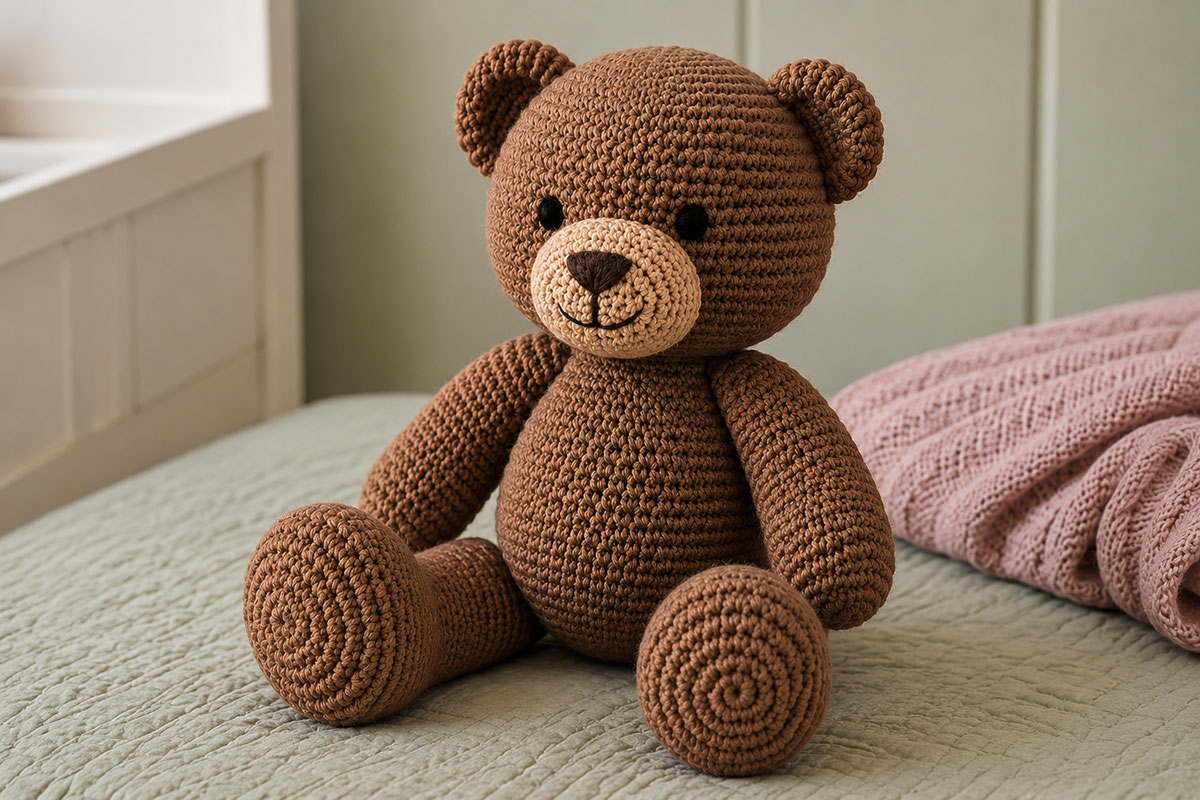 Finished brown crochet teddy bear shown from a three-quarter angle with rounded ears tan muzzle embroidered face and larger rounded paws
