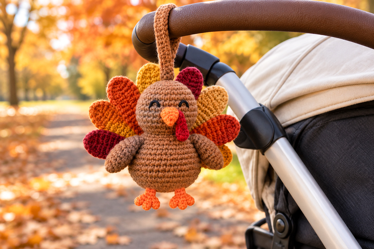Finished crochet turkey stroller toy pattern for Thanksgiving