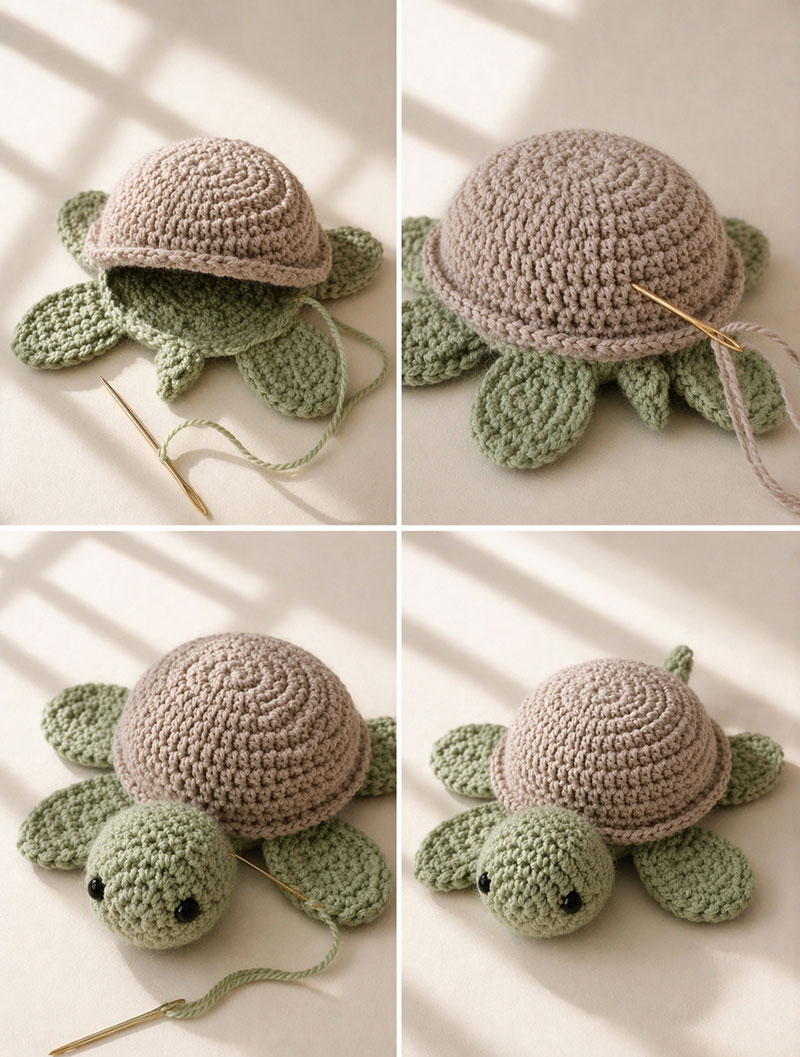 Crochet turtle lovey pattern assembly showing shell pieces sewn together with flippers attached