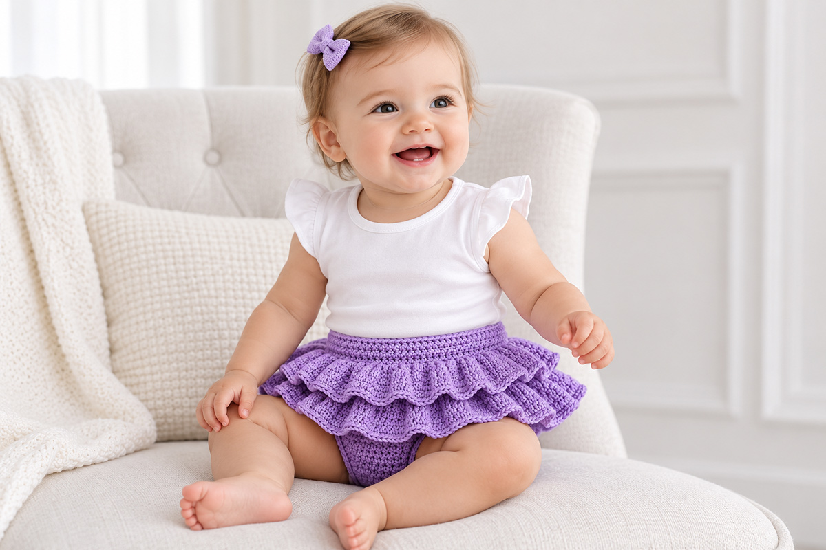 Free crochet tutu diaper cover pattern with a fitted baby cover and attached layered crochet skirt