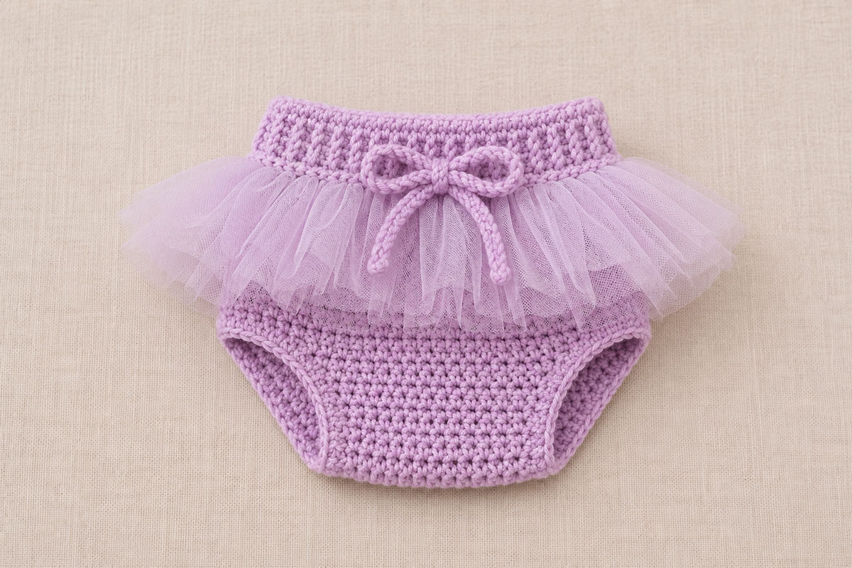 Crochet baby diaper cover with a soft tutu detail around the waist for a supervised baby photo outfit
