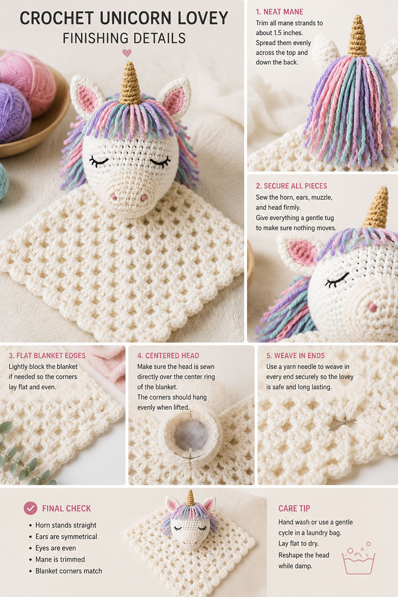 Finished crochet unicorn lovey closeup showing embroidered eyes, horn, ears, and short mane