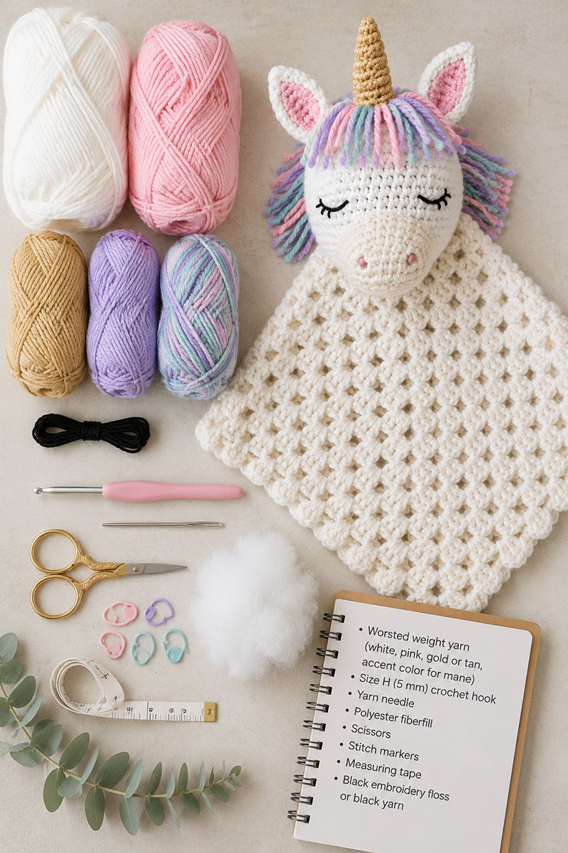 Crochet unicorn lovey materials with yarn, hook, needle, and finished blanket pieces