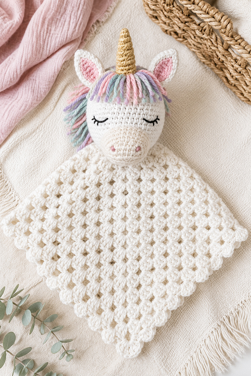 Crochet unicorn lovey pattern with a handmade unicorn security blanket