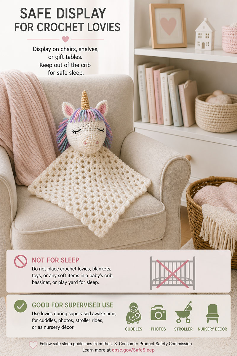 Crochet unicorn lovey displayed on a nursery chair outside the crib