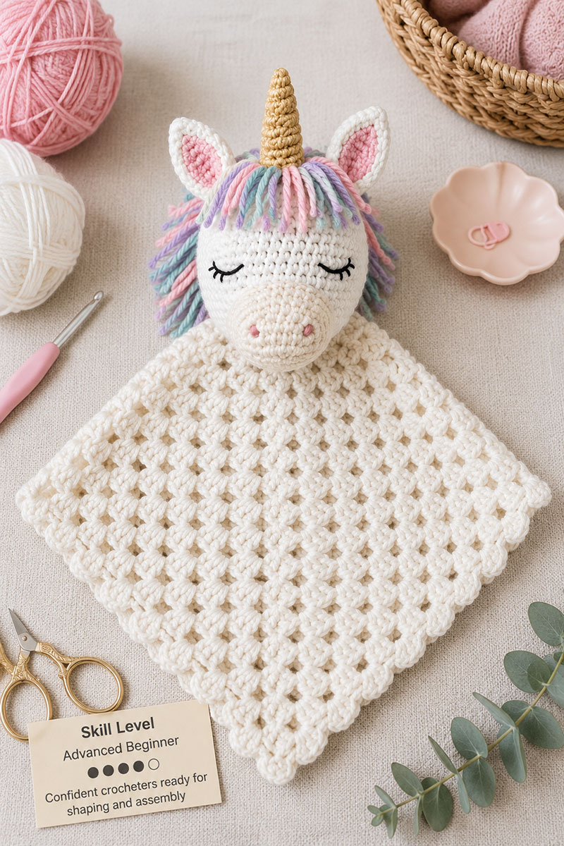 Crochet unicorn lovey laid flat to show the beginner friendly blanket and unicorn head