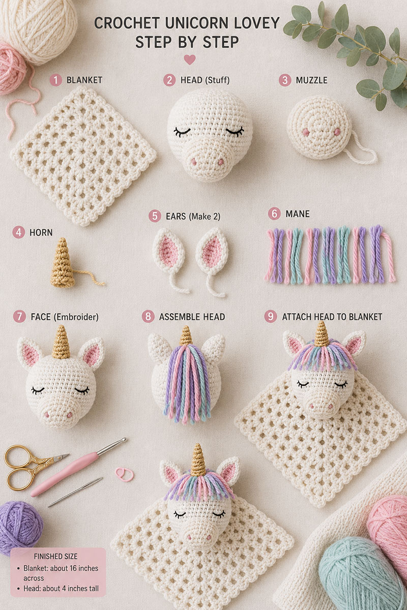 Crochet unicorn lovey in progress with blanket, head, horn, ears, and mane pieces